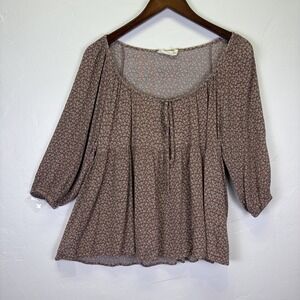 Millibon USA Woman's Babydoll Blouse Size L Brown Ditsy Floral Milkmaid Peasant